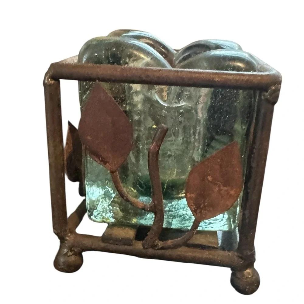 Mesa International Handcrafted Mexico Glass Wrought Iron Leaf Votive Holder